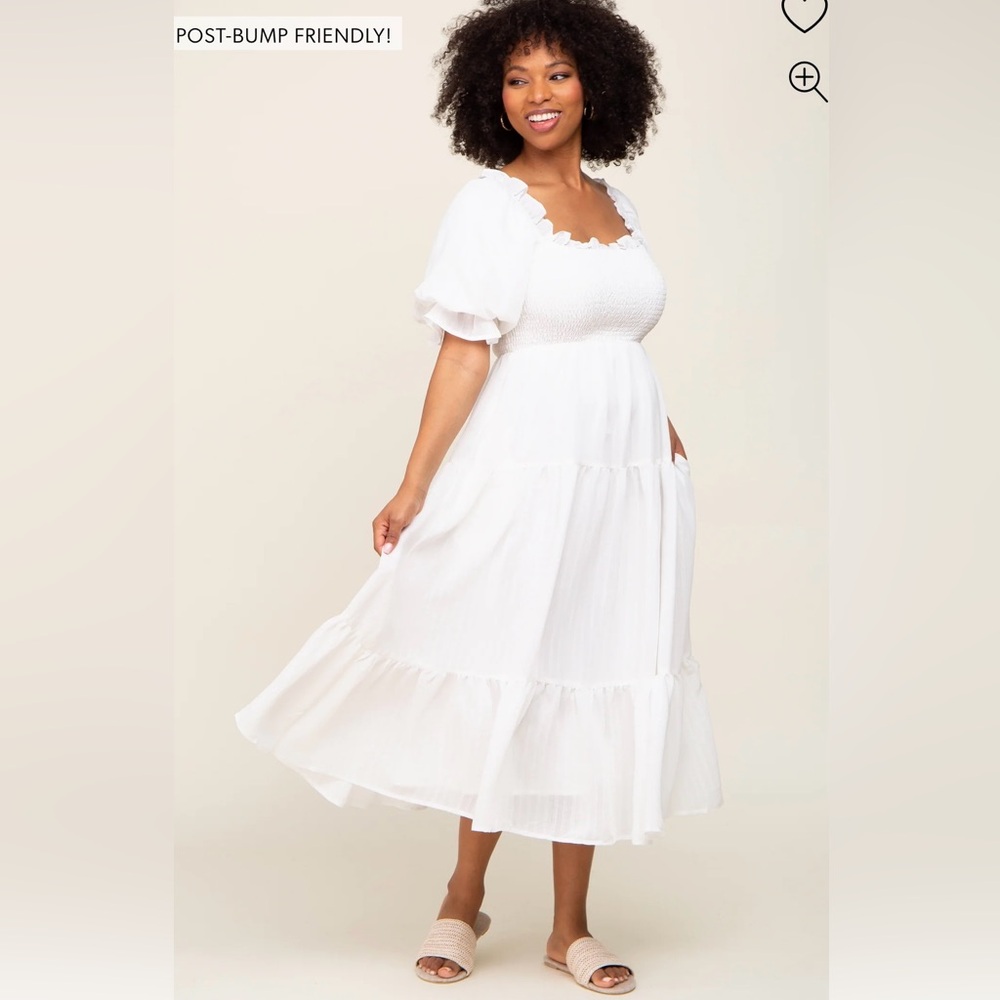 Pinkblush White Smocked Puff Sleeve Midi Dress